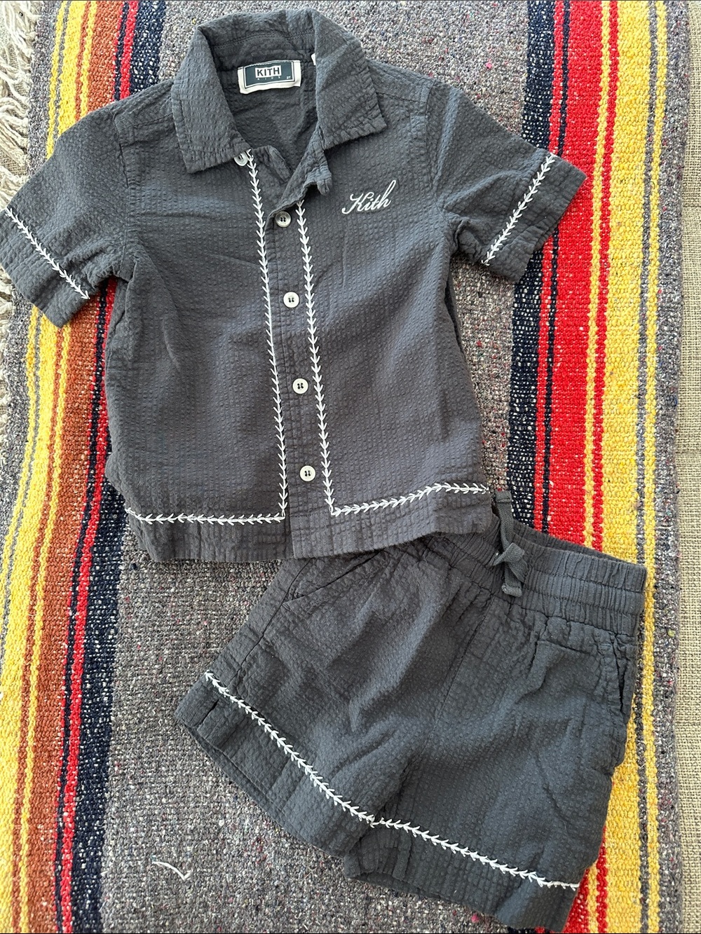 Kith Kids Charcoal Short Sleeve Button Set with White Stitching